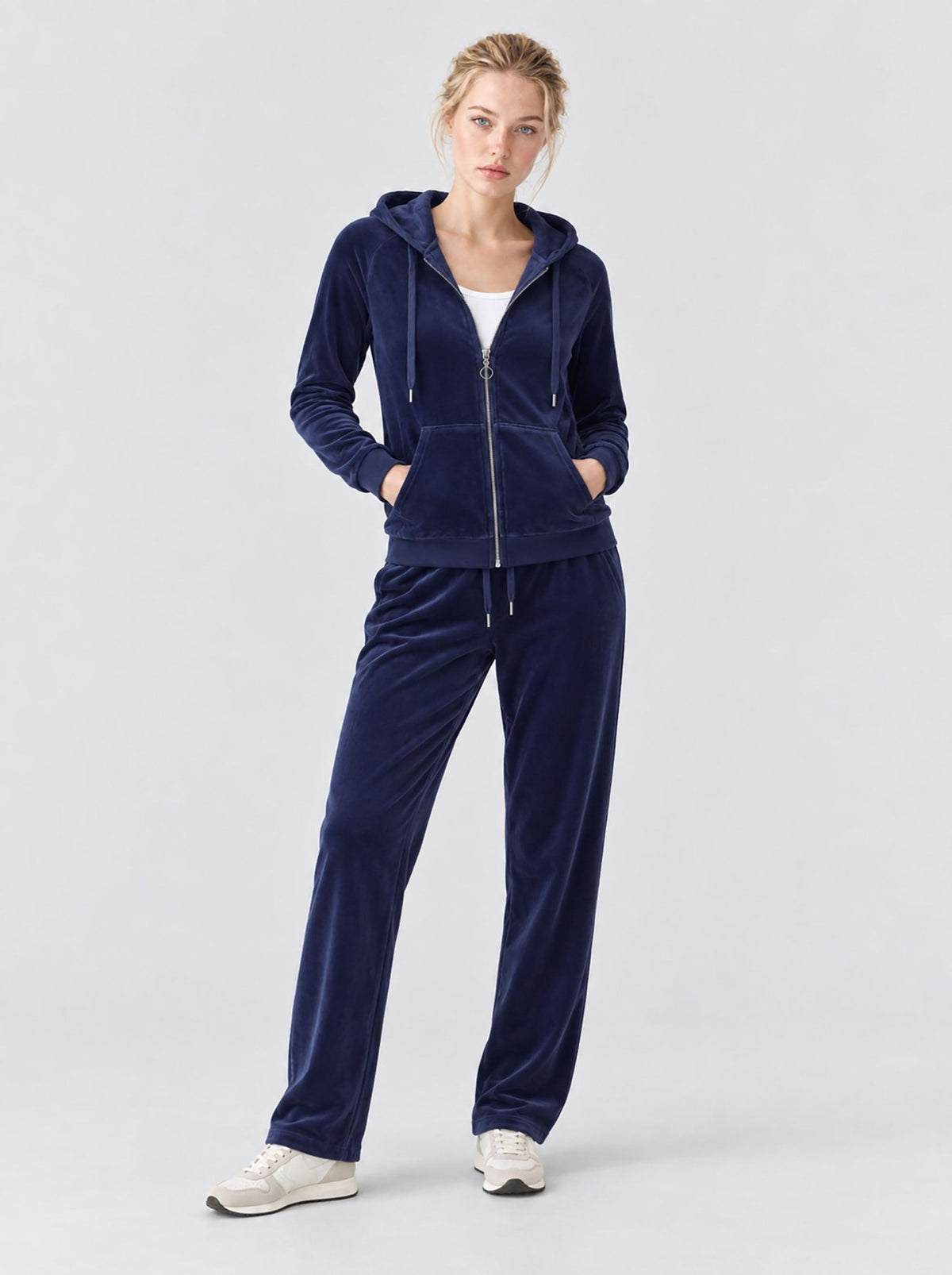 YUCOLEN Women's Soft Velour Full Zip Hooded Jacket with Pockets in Navy