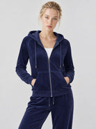 YUCOLEN Women's Soft Velour Full Zip Hooded Jacket with Pockets in Navy
