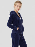 YUCOLEN Women's Soft Velour Full Zip Hooded Jacket with Pockets in Navy