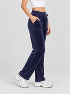YUCOLEN Women's Soft Velour Straight Leg Pants with Elastic Waist in Navy