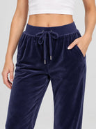 YUCOLEN Women's Soft Velour Straight Leg Pants with Elastic Waist in Navy