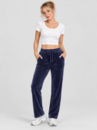 YUCOLEN Women's Soft Velour Straight Leg Pants with Elastic Waist in Navy