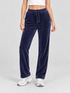 YUCOLEN Women's Soft Velour Straight Leg Pants with Elastic Waist in Navy