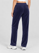 YUCOLEN Women's Soft Velour Straight Leg Pants with Elastic Waist in Navy