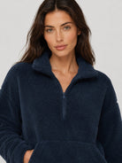 YUCOLEN Women's Stretchy Half Zip Fuzzy Sherpa Pullover with Kangaroo Pocket in Navy