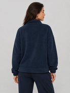 YUCOLEN Women's Stretchy Half Zip Fuzzy Sherpa Pullover with Kangaroo Pocket in Navy