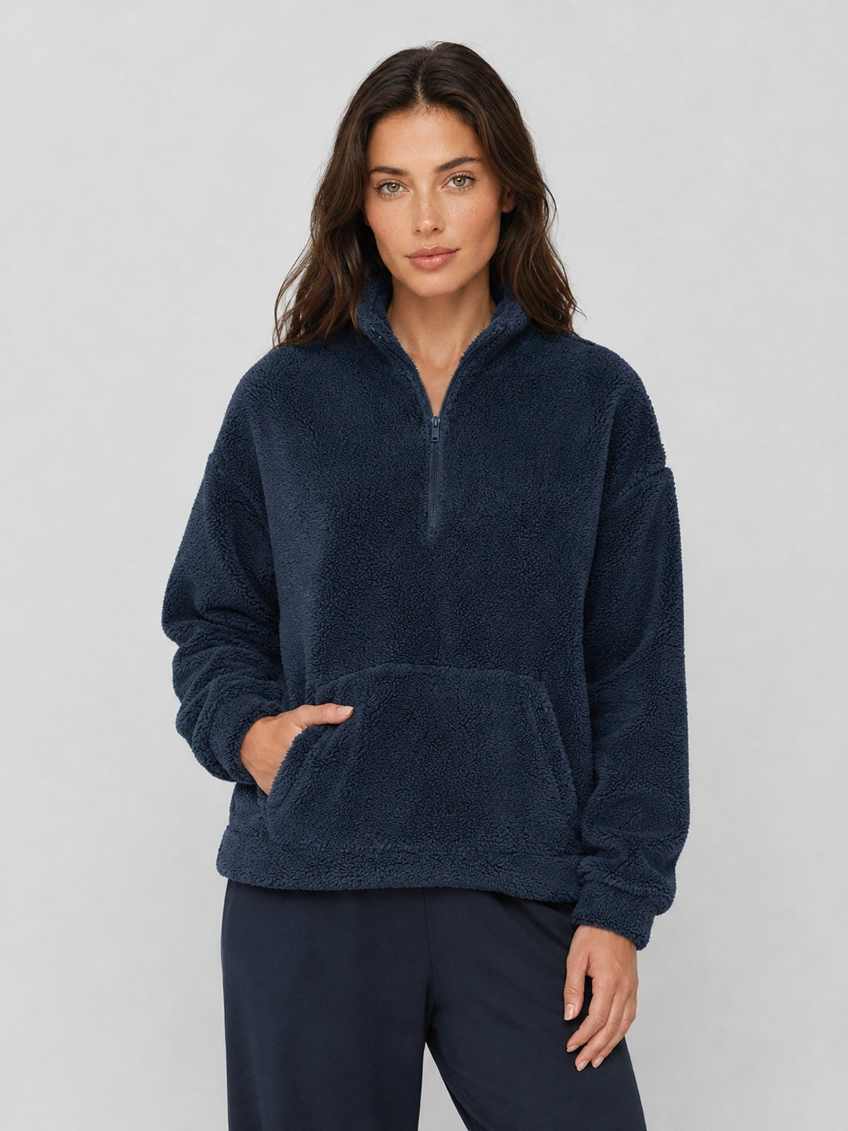 YUCOLEN Women's Stretchy Half Zip Fuzzy Sherpa Pullover with Kangaroo Pocket in Navy