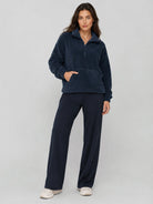 YUCOLEN Women's Stretchy Half Zip Fuzzy Sherpa Pullover with Kangaroo Pocket in Navy