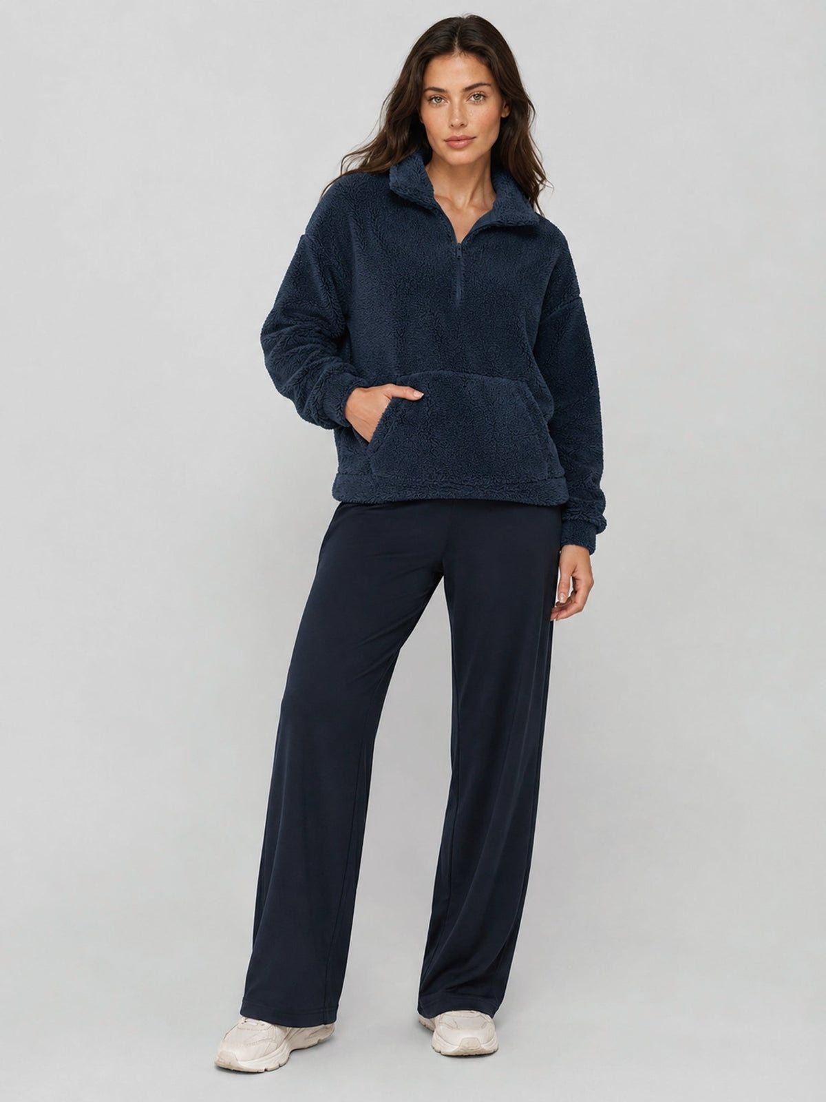 YUCOLEN Women's Stretchy Half Zip Fuzzy Sherpa Pullover with Kangaroo Pocket in Navy