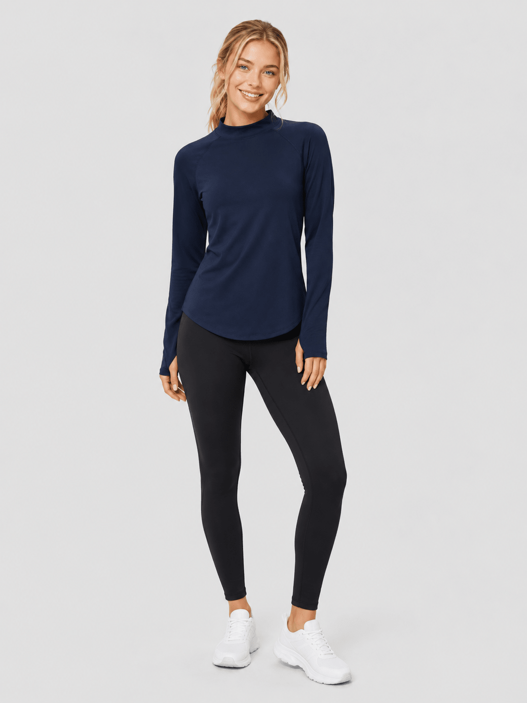 YUCOLEN Women's Thermal Fleece Lined Mock Neck Shirt with Thumb Holes in Navy