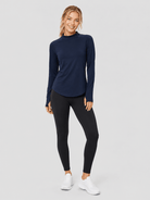 YUCOLEN Women's Thermal Fleece Lined Mock Neck Shirt with Thumb Holes in Navy