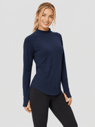 YUCOLEN Women's Thermal Fleece Lined Mock Neck Shirt with Thumb Holes in Navy