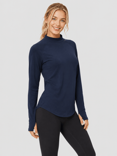 YUCOLEN Women's Thermal Fleece Lined Mock Neck Shirt with Thumb Holes in Navy