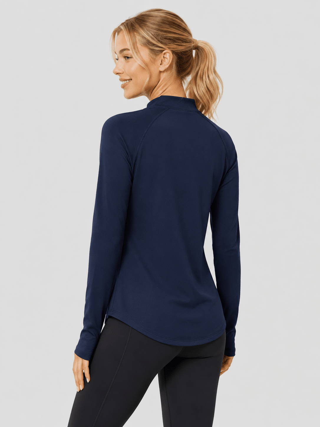 YUCOLEN Women's Thermal Fleece Lined Mock Neck Shirt with Thumb Holes in Navy