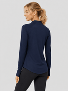 YUCOLEN Women's Thermal Fleece Lined Mock Neck Shirt with Thumb Holes in Navy