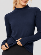 YUCOLEN Women's Thermal Fleece Lined Mock Neck Shirt with Thumb Holes in Navy