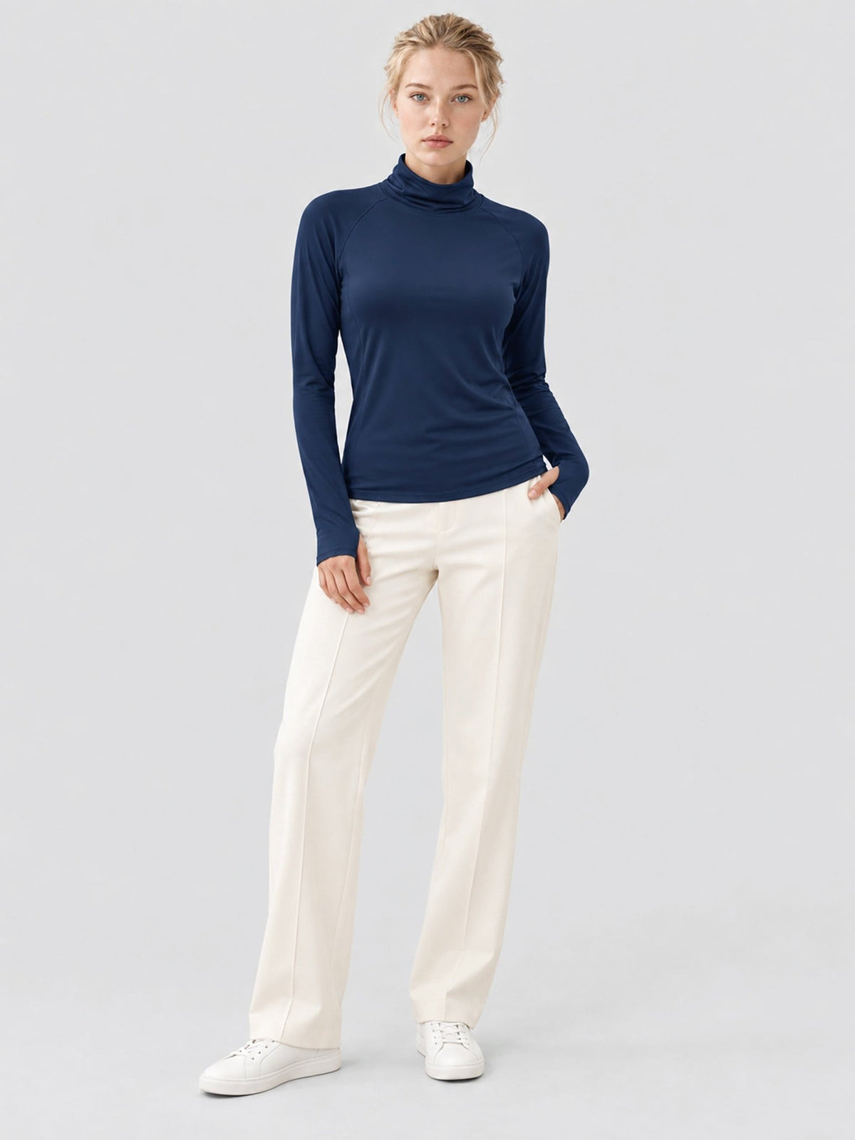 YUCOLEN Womens Thermal Long Sleeve Workout Top with Thumb Holes in Navy