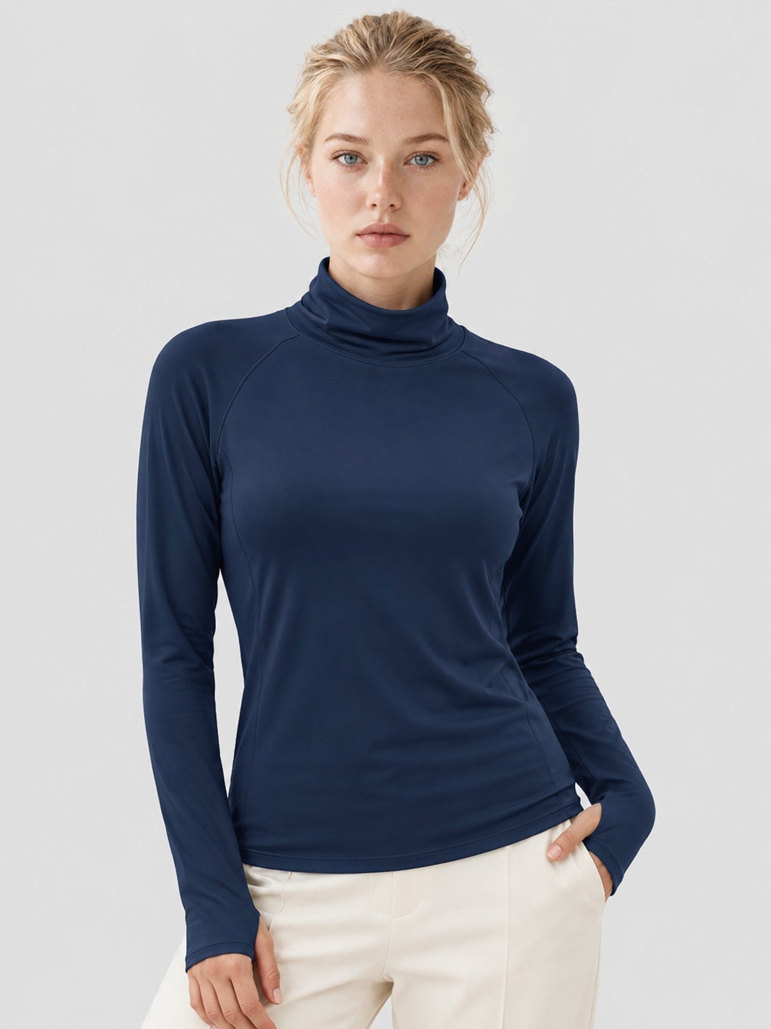 YUCOLEN Womens Thermal Long Sleeve Workout Top with Thumb Holes in Navy