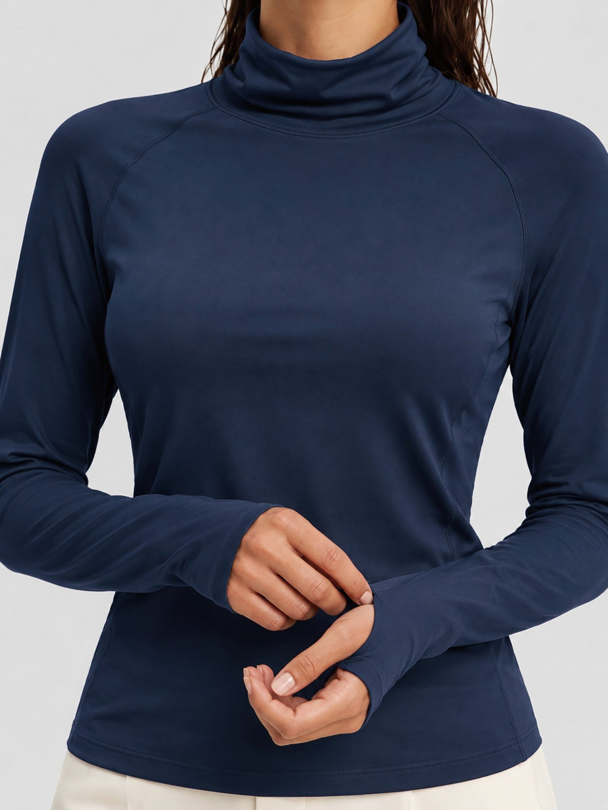 YUCOLEN Womens Thermal Long Sleeve Workout Top with Thumb Holes in Navy