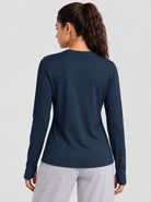 YUCOLEN Womens Thermal Running Top with Thumb Holes and Zip Pocket in Navy
