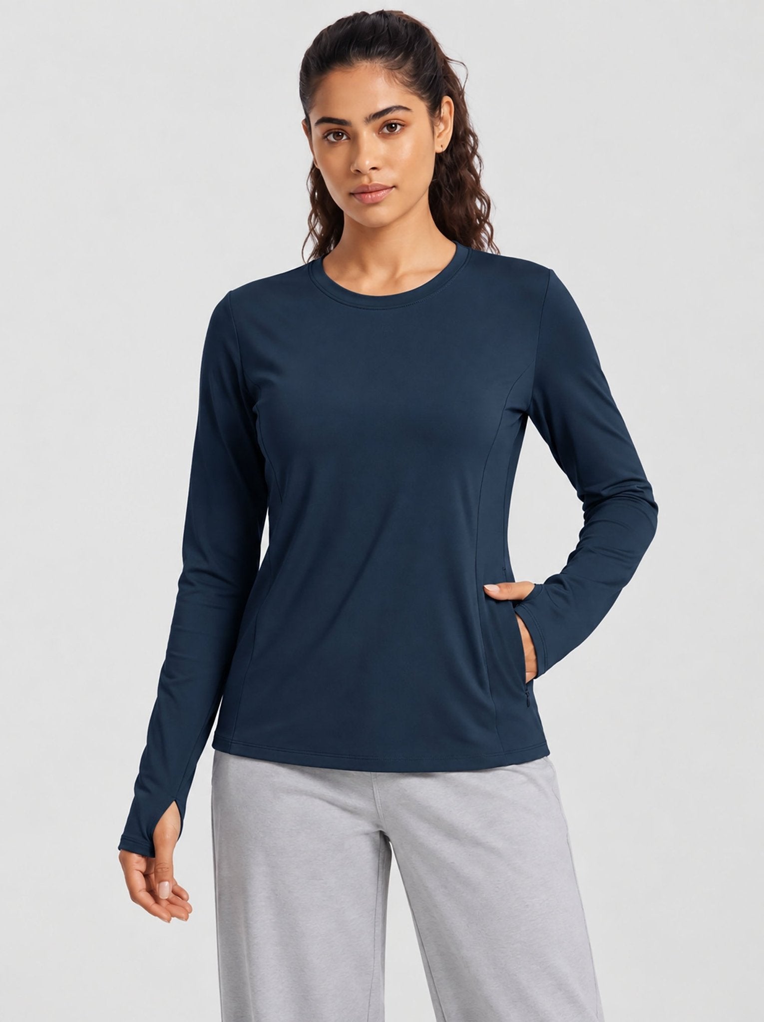YUCOLEN Womens Thermal Running Top with Thumb Holes and Zip Pocket in Navy