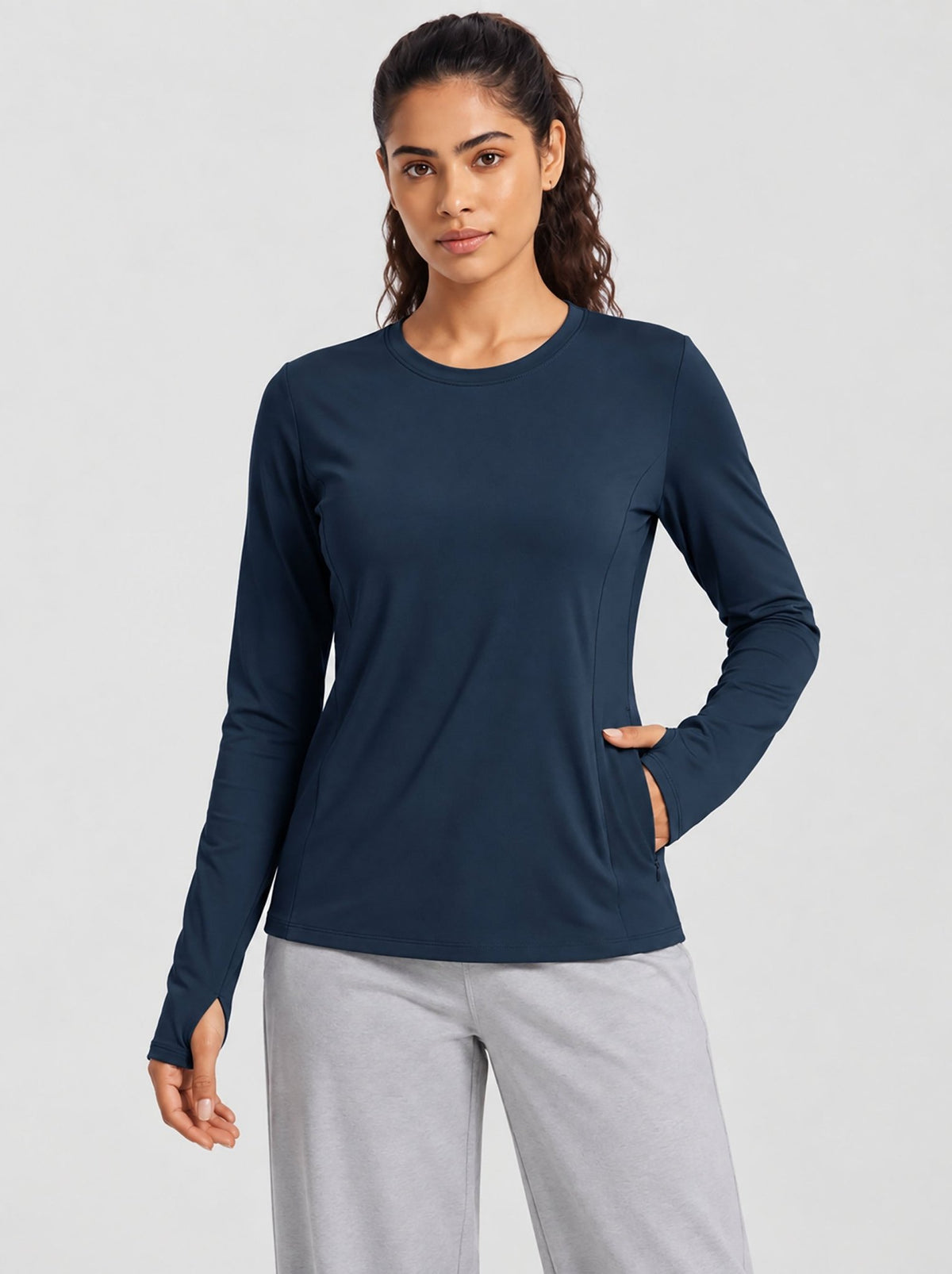 YUCOLEN Womens Thermal Running Top with Thumb Holes and Zip Pocket in Navy