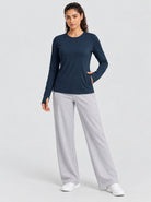 YUCOLEN Womens Thermal Running Top with Thumb Holes and Zip Pocket in Navy