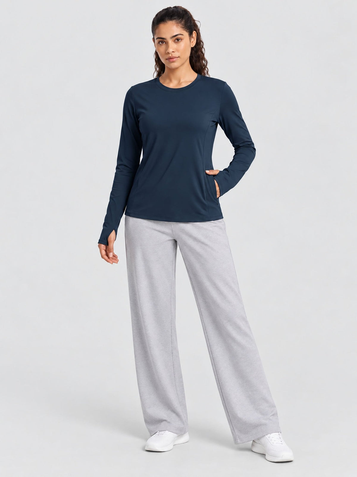 YUCOLEN Womens Thermal Running Top with Thumb Holes and Zip Pocket in Navy