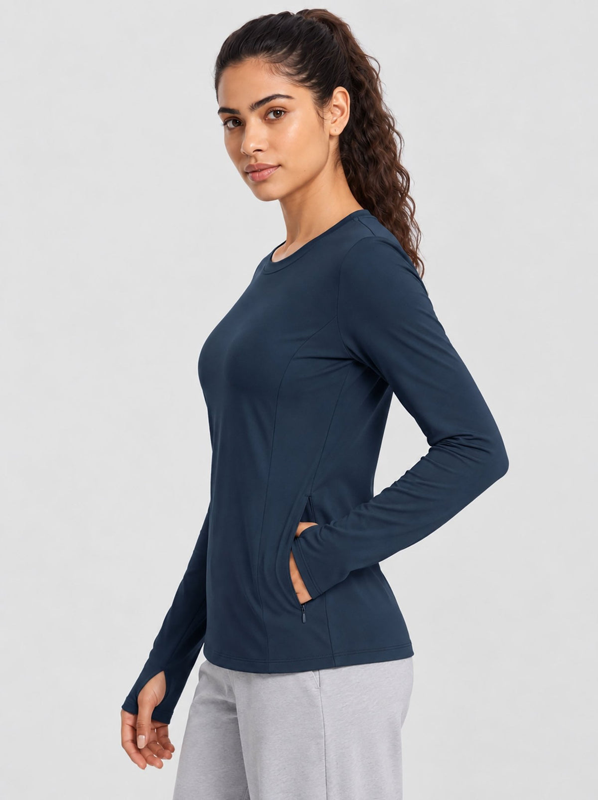 YUCOLEN Womens Thermal Running Top with Thumb Holes and Zip Pocket in Navy