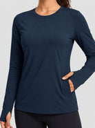 YUCOLEN Womens Thermal Running Top with Thumb Holes and Zip Pocket in Navy