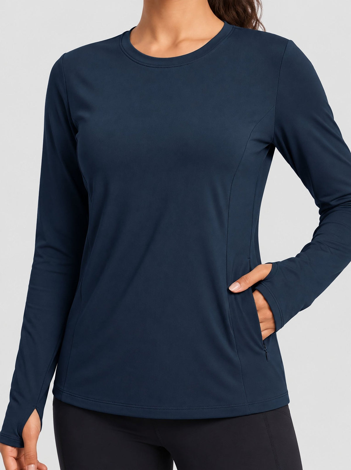 YUCOLEN Womens Thermal Running Top with Thumb Holes and Zip Pocket in Navy