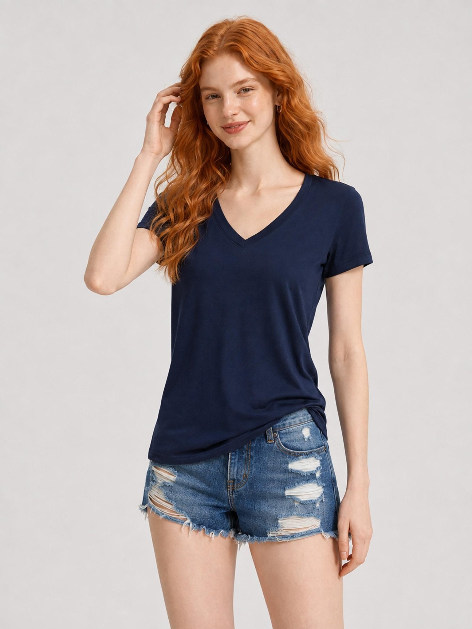 YUCOLEN Women's UPF 50+ V Neck T-Shirt Soft Tri-Blend Sun Protection Performance Tee in Navy