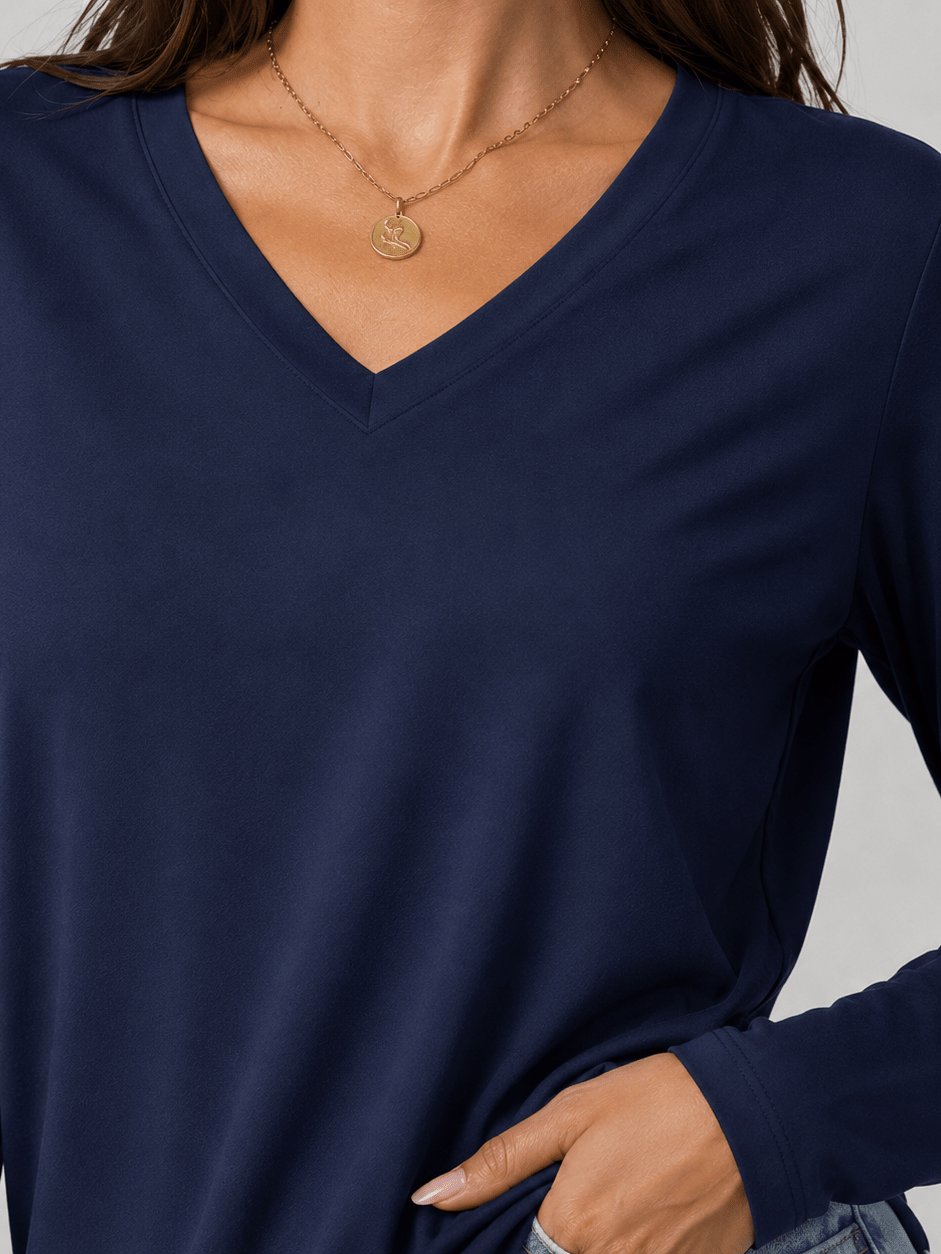 YUCOLEN Women's V Neck Long Sleeve Shirt Cotton Blend Soft Performance Tee in Navy