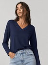 YUCOLEN Women's V Neck Long Sleeve Shirt Cotton Blend Soft Performance Tee in Navy