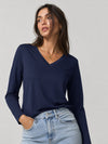 YUCOLEN Women's V Neck Long Sleeve Shirt Cotton Blend Soft Performance Tee in Navy