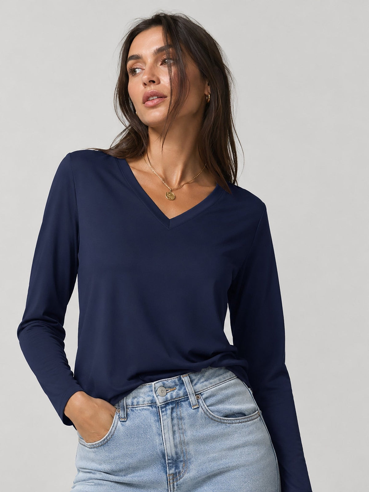 YUCOLEN Women's V Neck Long Sleeve Shirt Cotton Blend Soft Performance Tee in Navy