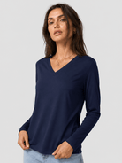 YUCOLEN Women's V Neck Long Sleeve Shirt Cotton Blend Soft Performance Tee in Navy