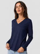 YUCOLEN Women's V Neck Long Sleeve Shirt Cotton Blend Soft Performance Tee in Navy