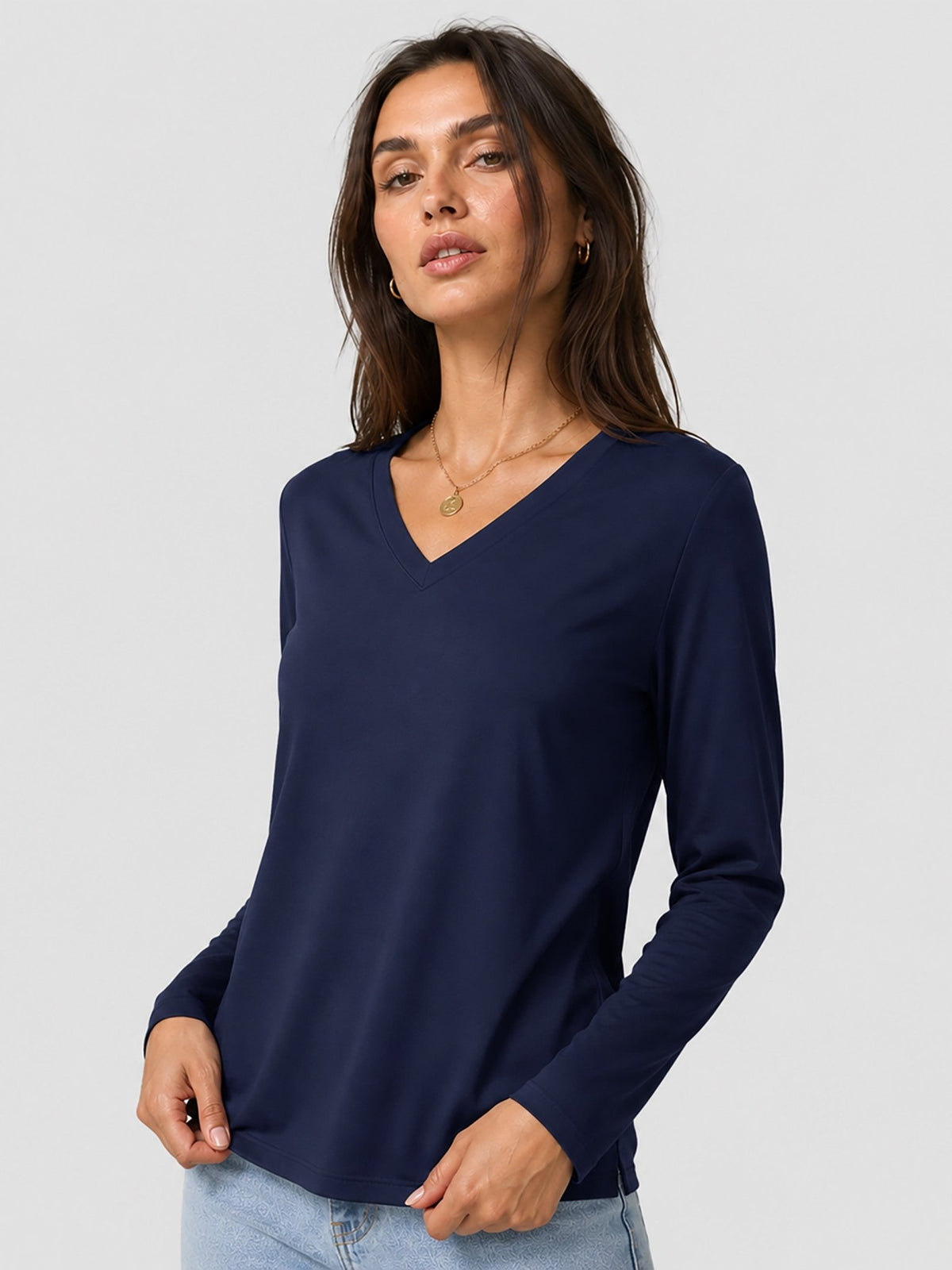 YUCOLEN Women's V Neck Long Sleeve Shirt Cotton Blend Soft Performance Tee in Navy