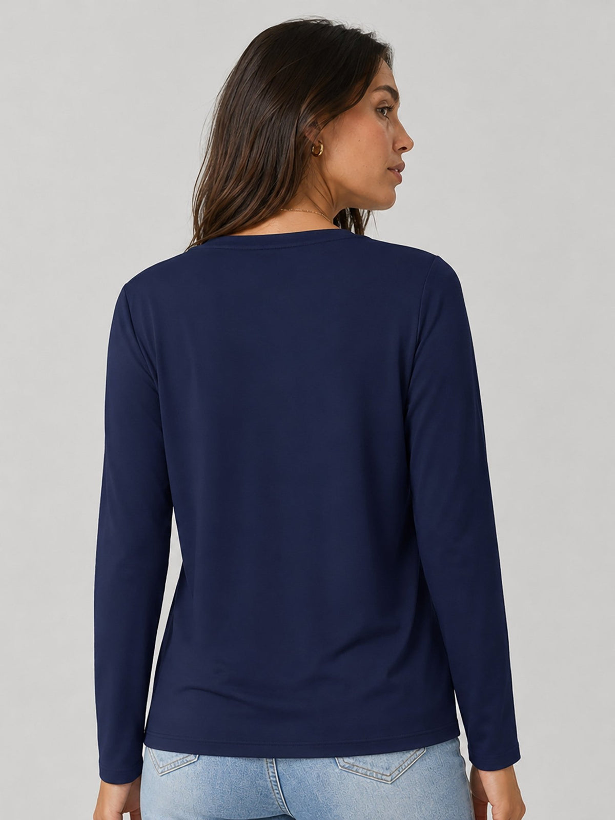 YUCOLEN Women's V Neck Long Sleeve Shirt Cotton Blend Soft Performance Tee in Navy