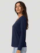 YUCOLEN Women's V Neck Long Sleeve Shirt Cotton Blend Soft Performance Tee in Navy