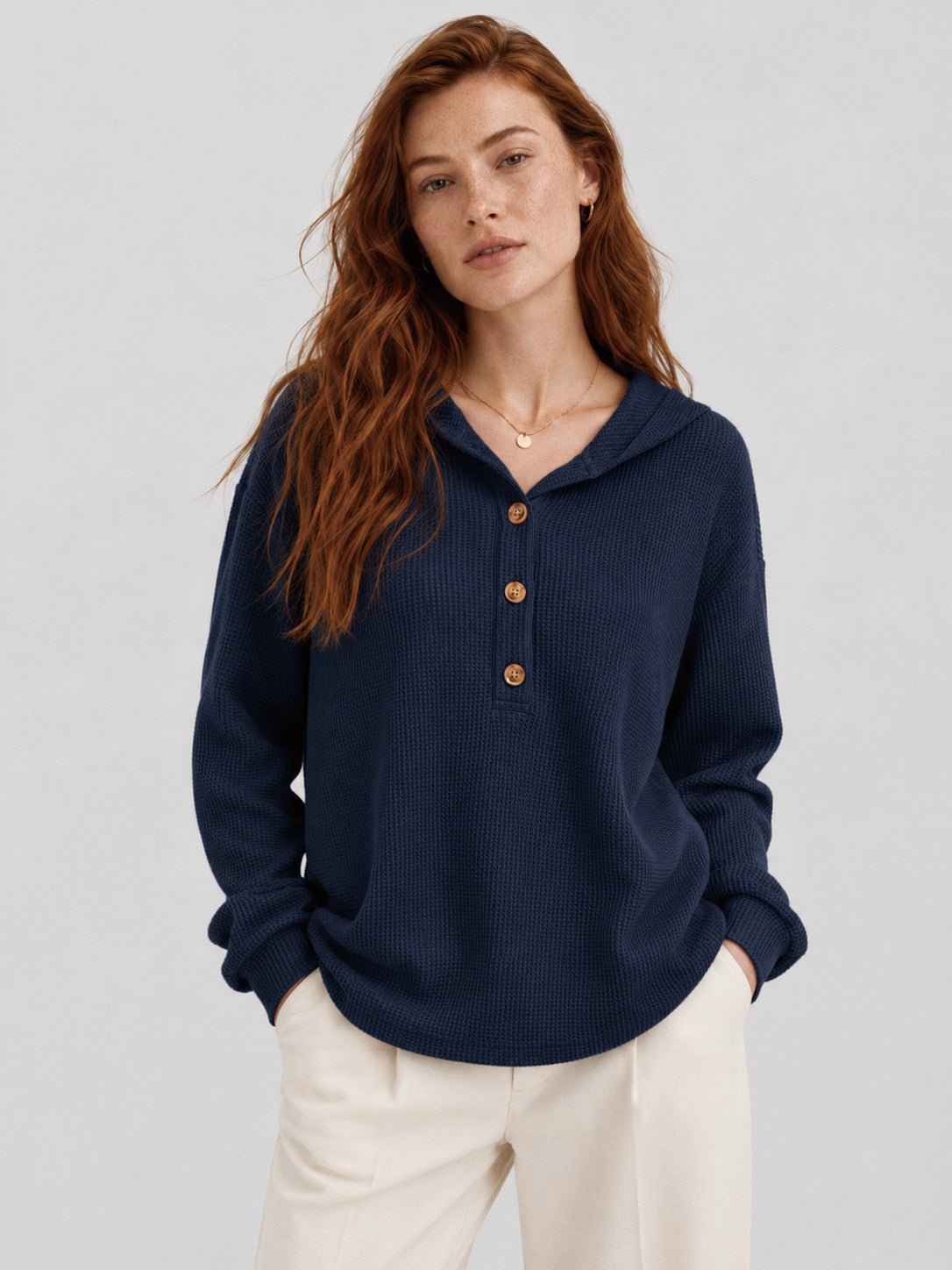 YUCOLEN Women's Waffle Knit Oversized Hoodie 4-Button Henley Pullover in Navy