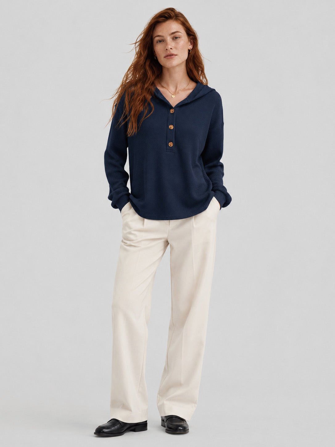 YUCOLEN Women's Waffle Knit Oversized Hoodie 4-Button Henley Pullover in Navy