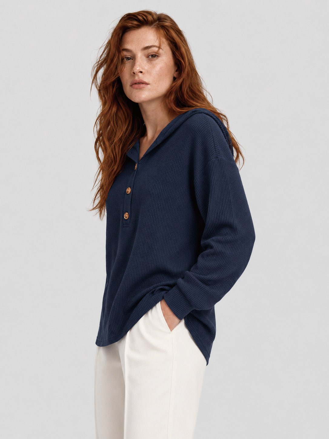 YUCOLEN Women's Waffle Knit Oversized Hoodie 4-Button Henley Pullover in Navy