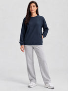 YUCOLEN Womens Warm Fleece Crewneck Sweatshirt with Zip Pockets in Navy