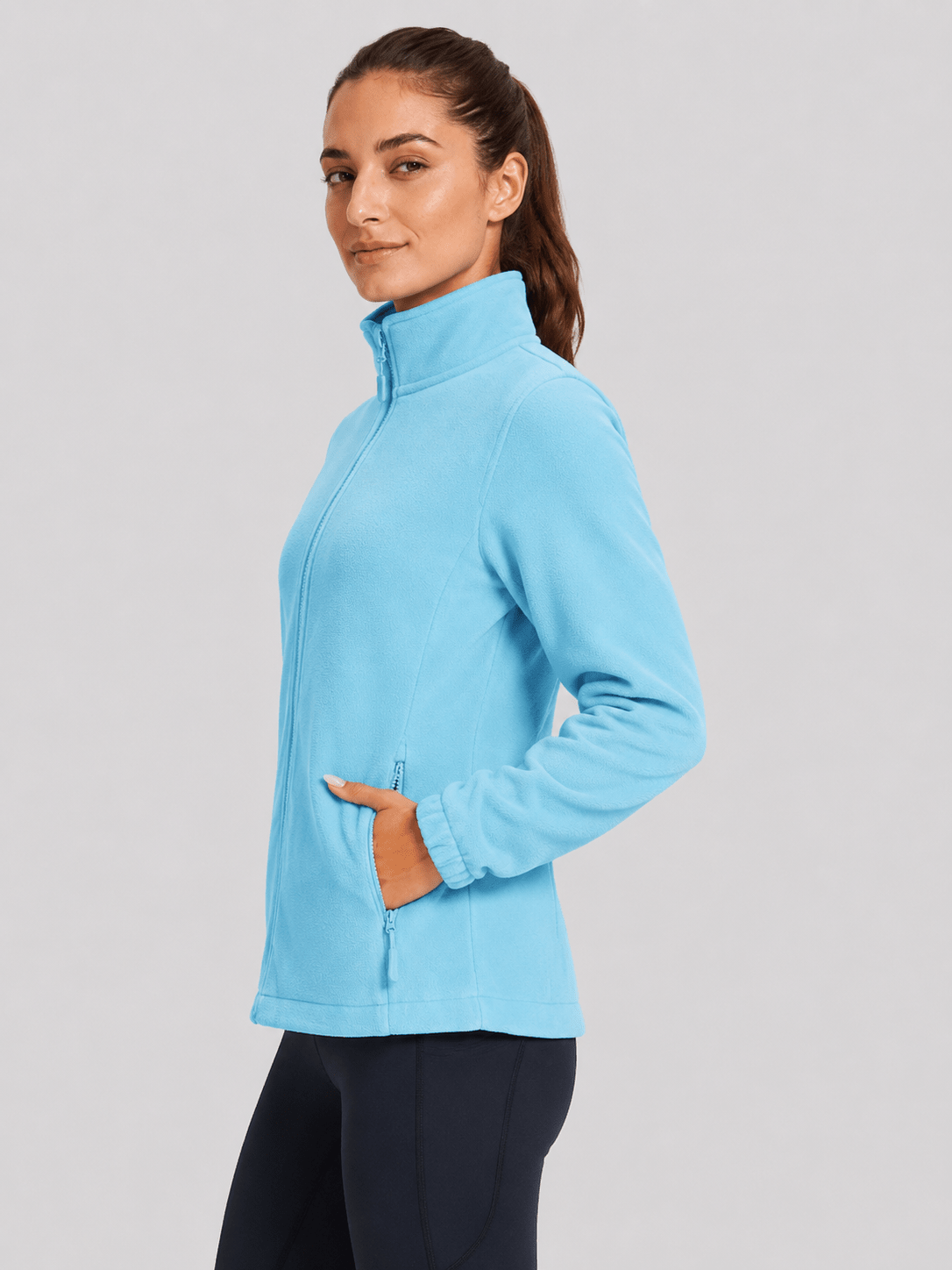 YUCOLEN Women's Lightweight Full Zip Fleece Jacket Windproof Stand Collar Outdoor Sweatshirt in Ocean Blue