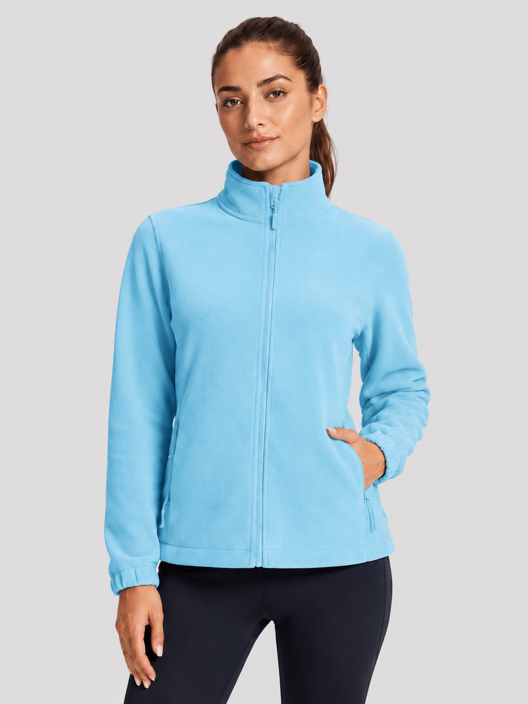 YUCOLEN Women's Lightweight Full Zip Fleece Jacket Windproof Stand Collar Outdoor Sweatshirt in Ocean Blue