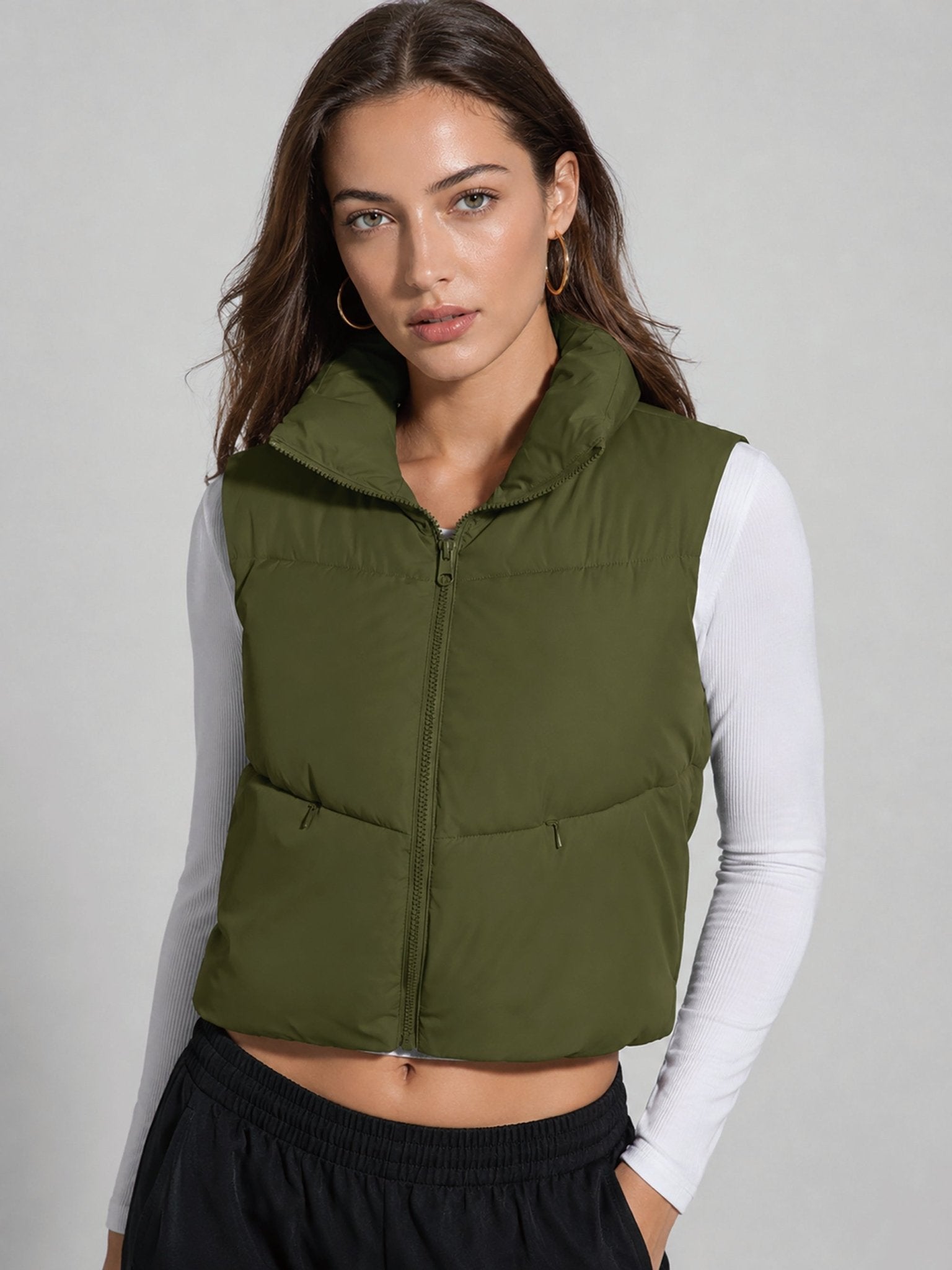 YUCOLEN Women's Cropped Puffer Vest Lightweight Sleeveless Quilted Bubble Gilet in Olive Green