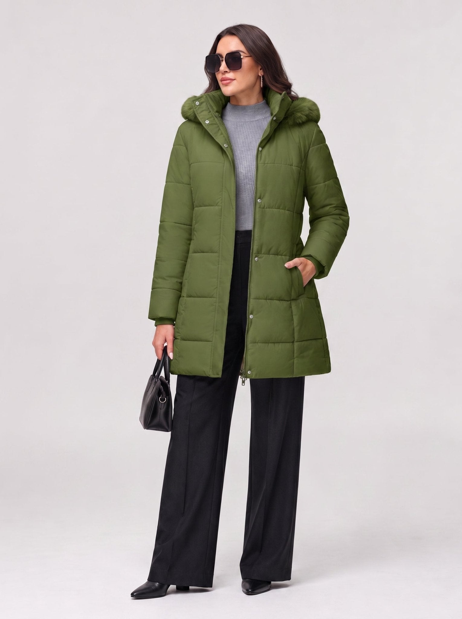 YUCOLEN Women's Long Winter Down Coat Fleece Lined Puffer Jackets in Olive Green