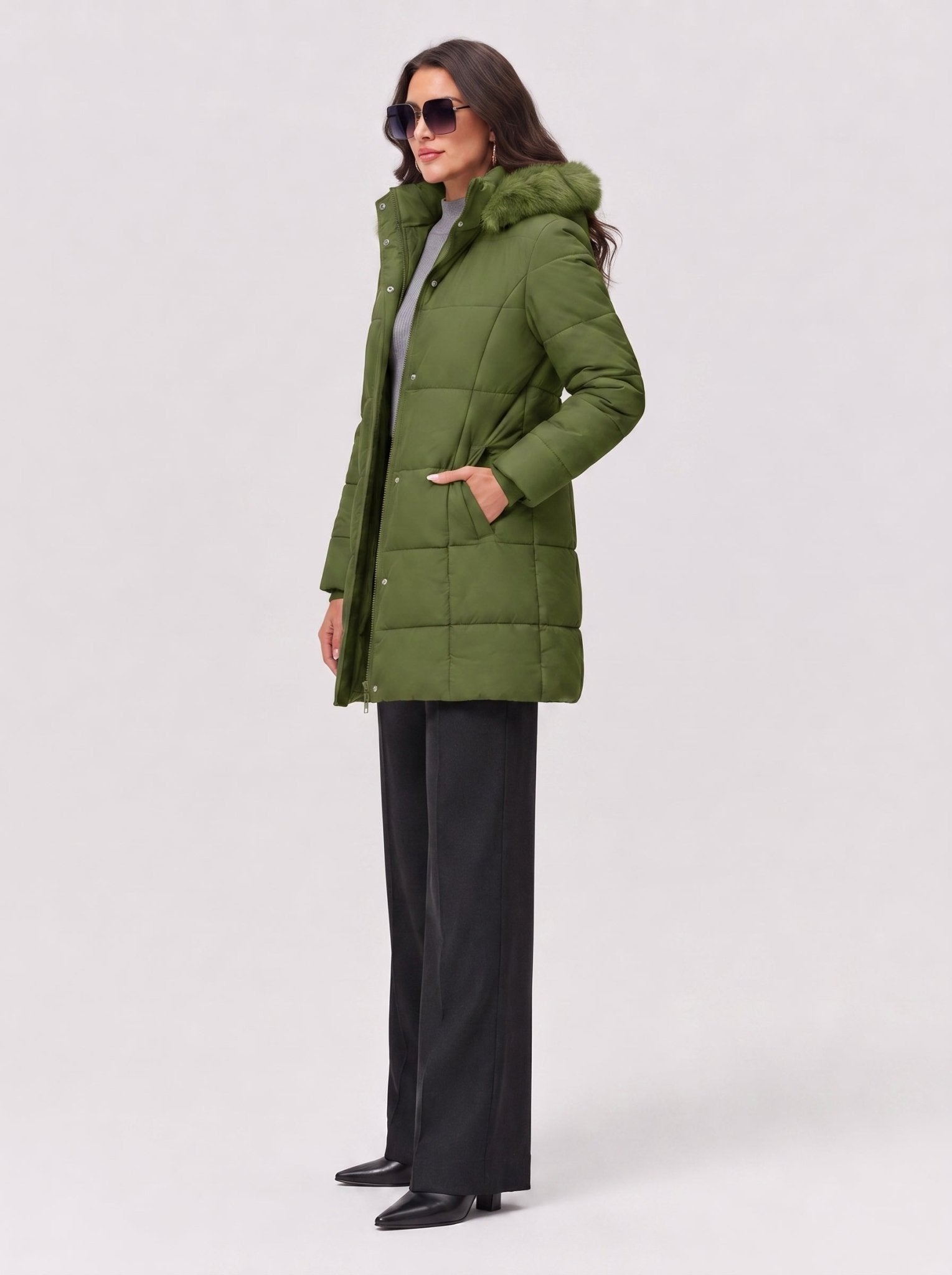 YUCOLEN Women's Long Winter Down Coat Fleece Lined Puffer Jackets in Olive Green